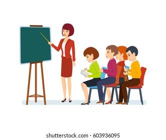 Co-worker conducts thematic conference and business training on financial matters for an audience of colleagues and partners, for their education. Vector illustration. 