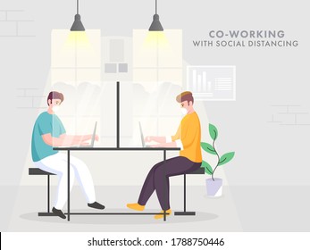 Coworker Men Wear Protective Mask At Office Workplace With Maintain Social Distancing For Avoid Coronavirus (Covid-19).