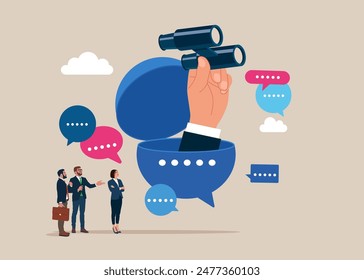 Coworker open feedback speech bubble using binoculars to see discussion, conversation discussing work in meeting. Flat vector illustration.