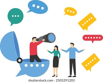 Los compañeros de trabajo abren la burbuja del discurso de Comentarios usando los binoculares para ver la discusión, la conversación que discute el trabajo en la reunión. Ilustración vectorial plana.

