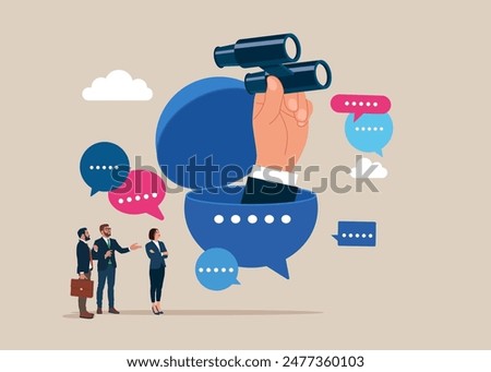 Coworker open feedback speech bubble using binoculars to see discussion, conversation discussing work in meeting. Flat vector illustration.