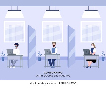 Coworker People Working At Separate Workplace With Wearing Protective Mask In Office For Maintaining Social Distance, Avoid Coronavirus.