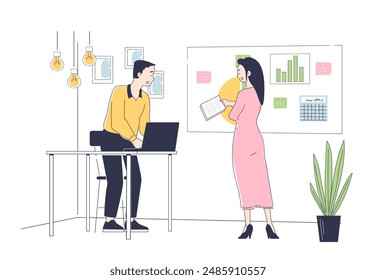 Coworker showing document. Man and woman with graphs and diagrams. Collaboration and cooperation, teamwork. Colleagues and partners discussing deal or agreement. Linear vector illustration