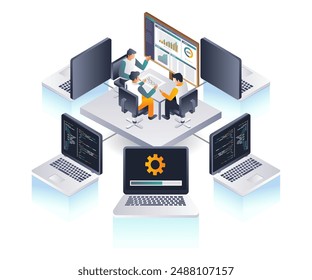 Coworkers analyze computer data technology