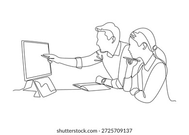 Mitarbeiter analysieren Daten auf dem Desktop-Bildschirm. Mitarbeiter, die an Concept arbeiten. Einzeiliges Zeichnungsdesign. Vektorgrafik