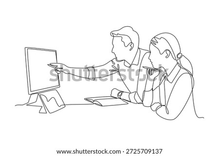 Coworkers Analyzing Data on Desktop Screen. Coworkers collaborating Concept. Single line draw design. Vector graphic illustration