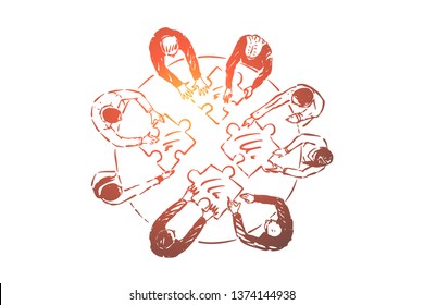 Coworkers assembling puzzle, teamwork, people solving problem, business development. Collective brainstorm, idea generation, team building exercise concept sketch. Hand drawn vector illustration