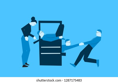 Coworkers in blue copying one man in the copying machine, woman controlling the machine and one duplicated man helping another duplicate out.