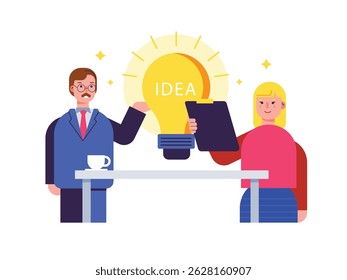 Coworkers brainstorming in a room, company creativity ideas. Character design. Vector flat illustration