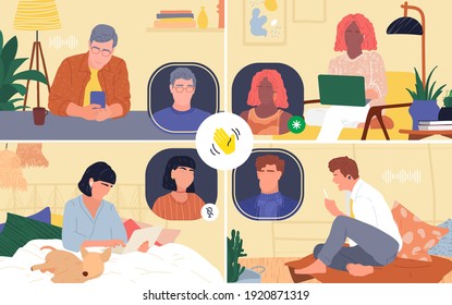 Co-workers business meeting online. Concept of podcast with famous speakers. Interesting people talking on various topics by voice at home.  Club house invite-only social network based on audio-chat. 