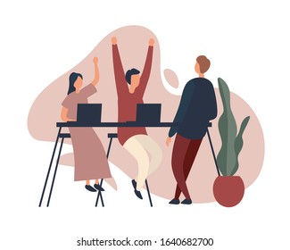 Coworkers celebrating success in office. Man and woman with modern laptops raising arms and celebrating success while sitting at table near boss after finishing creative project in office