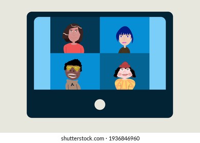 Los trabajadores chatean en pantalla para conferencias remotas, pantallas de computadoras trabajando desde video doméstico.