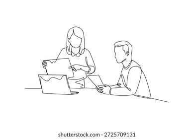Mitarbeiter arbeiten auf Laptop und Tablet zusammen. Mitarbeiter, die an Concept arbeiten. Einzeiliges Zeichnungsdesign. Vektorgrafik