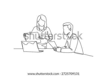 Coworkers Collaborating on Laptop and Tablet. Coworkers collaborating Concept. Single line draw design. Vector graphic illustration