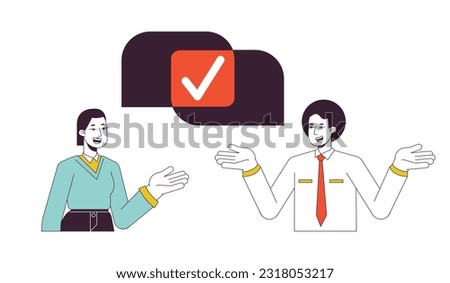 Coworkers collaboration flat line concept vector spot illustration. Colleagues reaching agreement 2D cartoon outline characters on white for web UI design. Editable isolated colorful hero image