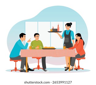 Colegas e colegas desfrutam do almoço sentados à mesa de jantar. Servido por um garçom amigável. Conceito de almoço de negócios.