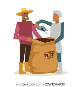 Coworkers collecting coffee beans flat vector illustration. Cartoon male and female characters with bag with pure lettering isolated on white background. Teamwork, agriculture, collaboration concept