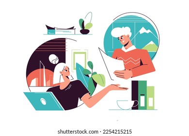 Coworkers communicate on distance, remote work concept vector illustration.