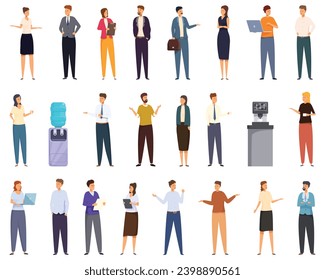 Coworkers communicating office icons set cartoon vector. Rack business. Workspace interior staff