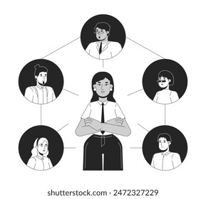 Concepto de ilustración 2D en blanco y negro de la comunicación de los compañeros. Mujer líder interactuando con diversos personajes de dibujos animados del equipo aislados en blanco. Arte vectorial monocromo de metáfora de red