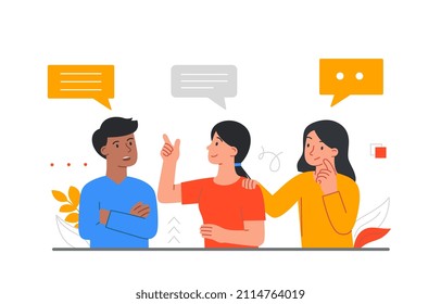 Coworkers communication concept. Employees discussing new identity, finding best way to solve problems. Brainstorming, meeting and talking. Man and girls at table. Cartoon flat vector illustration