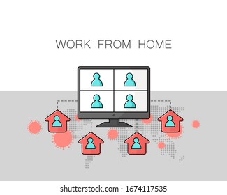 co-workers in the company team making video conference calls for business meetings. work online from home in the concept of social distancing alert to avoid coronavirus infection. vector illustration.