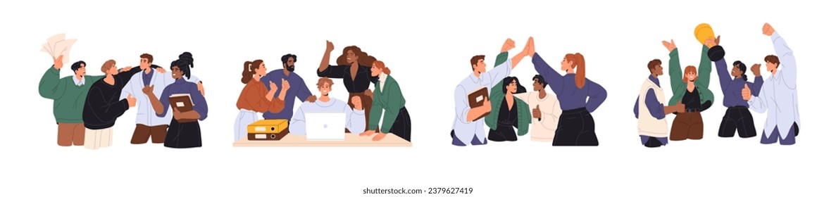 Coworkers congratulate team set. Diverse business groups celebrate corporate success. Happy people, workers rejoice at best deal together. Flat isolated vector illustration on white background