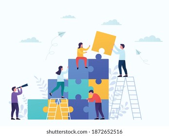 Coworkers connect puzzle pieces, teamwork. Business concept partnership, cooperation of businessmen and businesswomen, career growth, development and success.