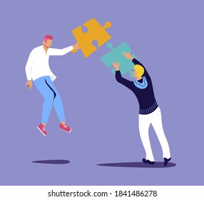 Coworkers connecting puzzle elements. Collaboration, partnership or team building metaphor. Flat Art Vector Illustration