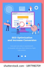 Coworkers discuss startup of business on schemes. SEO optimization and increase conversion of webpage concept. Website landing page template. People work with developing the site and completing tasks