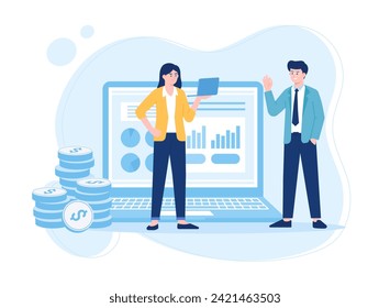 compañeros de trabajo discutiendo análisis de gráficos de datos concepto de tendencia ilustración plana