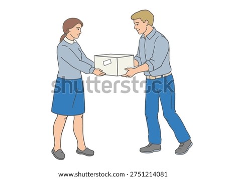 Coworkers exchanging parcel during logistics workplace activity