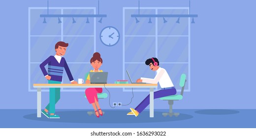 Coworkers freelancer team share open office space. Man in headphones and woman working at laptop sitting at desk. Male coworker talking to colleague during personal coffee break. Vector illustration