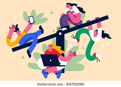 Coworkers, freelancers and Teamwork concept. Group of young people business colleagues cartoon characters sitting working with gadgets as team members vector illustration 