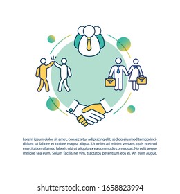 Coworkers friendship concept icon with text. Employees team together. Corporate workers friends PPT page vector template. Brochure, magazine, booklet design element with linear illustrations