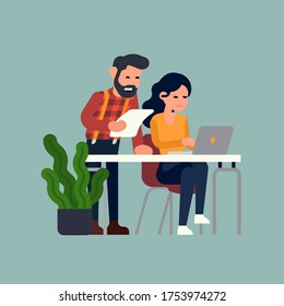 Coworkers going through document making edits. Working process concept vector illustration with two office workers interacting with each other