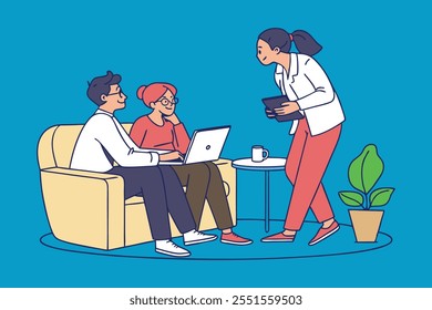 Coworkers having a creative discussion in the office lounge area hand drawn flat Vector illustration.