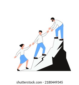 Coworkers help to each other together walking up stairway to the top of mountain, teamwork business concept growth and the path to success. Flat Art Vector illustration