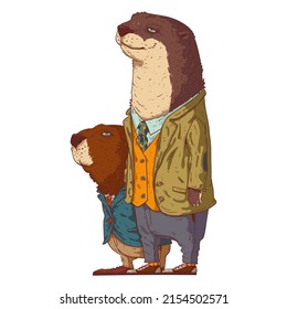 Co-workers, isolated vector illustration. Calm trendy dressed anthropomorphic otter and beaver standing in profile. Elegant guys. Friends. Teammates. Colleagues. Animal characters with human bodies