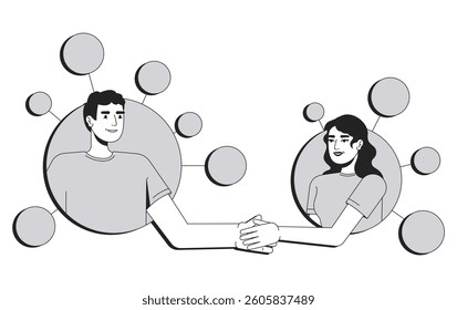 Coworkers line conceptual illustration. Communication, relationships. Couple, together. Man and woman shaking hands in network nodes 2D outline characters isolated. Linear drawing grayscale vector