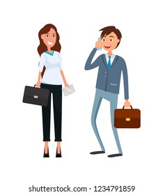 Coworkers, male speaking on phone, female in formal wear with briefcase in hands smiling. Business partners man and woman in flat design cartoon style.