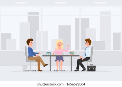 Coworkers at marketing meeting in office interior workplace man and woman vector illustration. Business colleagues sitting at table, discussing, talking cartoon character