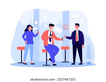 Coworkers offering man e-cigarette vector illustration. People switching from regular smoking to vape or electronic smoking to kick habit. Smoke-free country, use of e-cigarettes concept