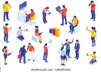 Coworkers Office Concept With Characters. Freelancer Concept, Coworking People, Ceo Business Workspace for Creative Businesswoman. Standing Employee Space for Businessmen. Flat Isometric Illustration.