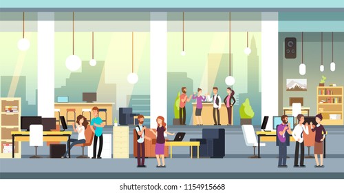 Coworkers in office. People in coworking open space office, workspace. Employees talking and brainstorming vector background. Illustration of office workspace, coworking job, corporation teamwork