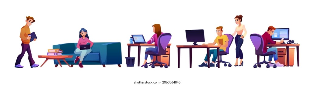 Co-workers in office at workplace, young cartoon people working on computers isolated man and woman with laptops. Vector executive workers working at shared workspace, sofa, table desks and chairs