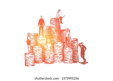 Coworkers on coin stacks, business development team, budget management, capital, income growth, banking system. Stock market trading, financial literacy concept sketch. Hand drawn vector illustration