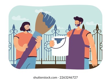 Co-workers painting fence together vector illustration. Happy woman with big paintbrush and man with paint bucket collaborating on background of blue sky. Teamwork, business, collaboration concept