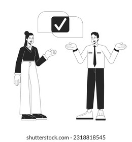 Co-workers partnership bw concept vector spot illustration. Colleagues sharing 2D cartoon flat line monochromatic characters for web UI design. Agreement editable isolated outline hero image