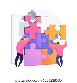 Coworkers project management. Team building, executive managers teamwork, colleagues collaboration. Employees characters assembling jigsaw puzzle. Vector isolated concept metaphor illustration